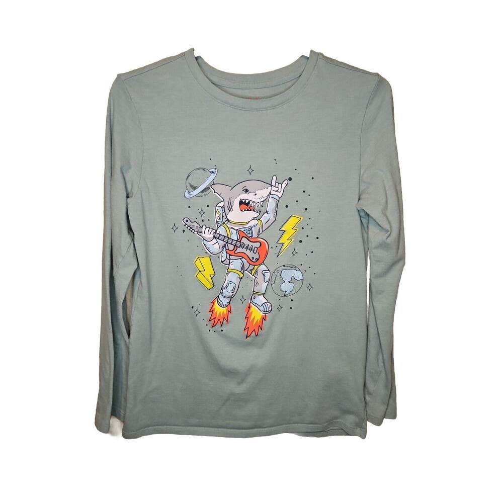 Cat & Jack Boys Shark Rocker Rocket Guitar Long Sleeve Green Shirt Size XL (16)